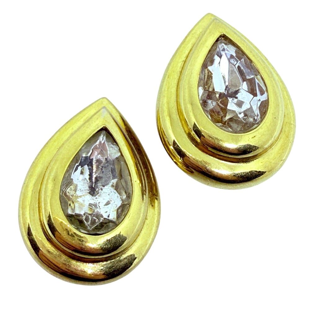 DIVA signed vintage gold tone glass designer clip on earrings